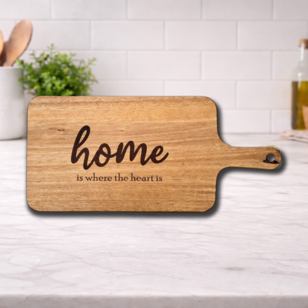 Engraved “Home Is Where The Heart Is” Acacia Cutting Board