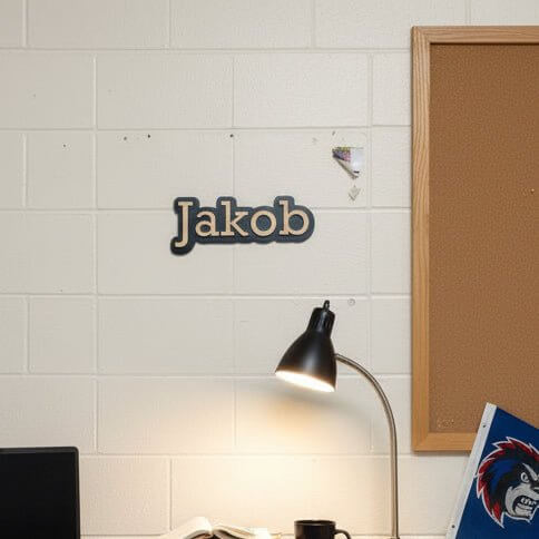Personalized wooden name wall sign featuring the name Jakob in a two-tone finish on a brick wall.