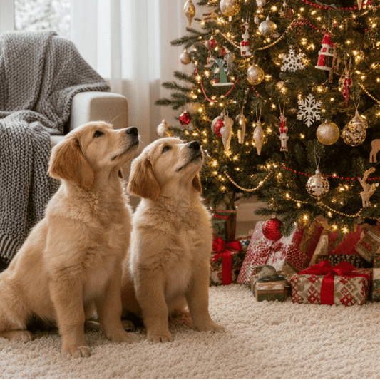 Two golden retriever puppies admiring a Christmas tree