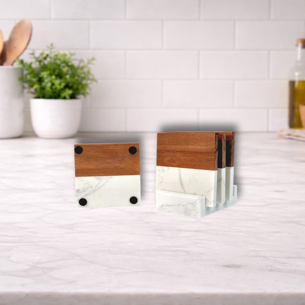 Marble and Wood Coaster Set