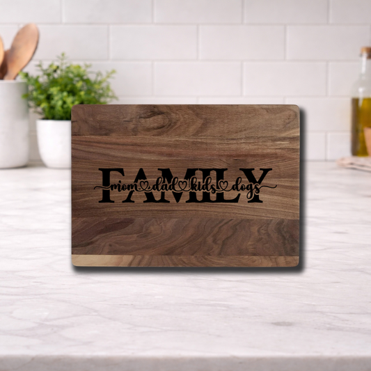 Personalized Mother’s Day Cutting Board featuring the word FAMILY in decorative lettering, perfect for a heartfelt gift.