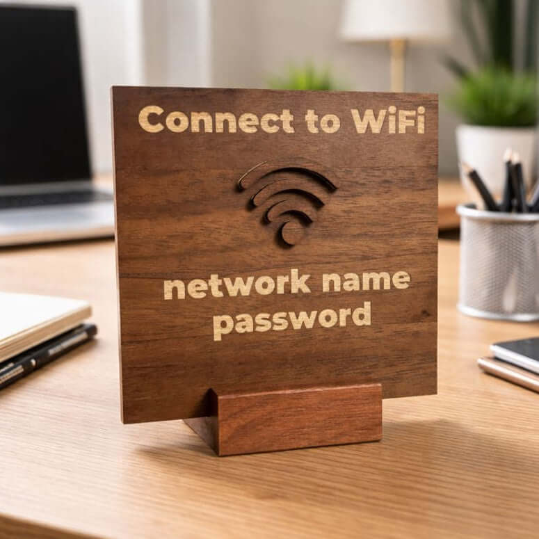 Personalized Wi-Fi Password Sign displayed on a desk with engraved network name and password.